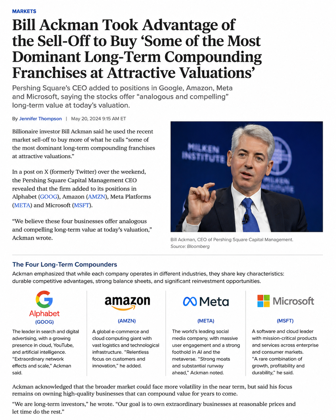 Bill Rakes Bill Ackman has bought four stocks which are “most dominant long-term ...